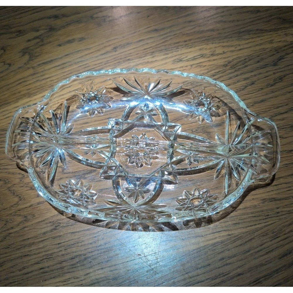 Vintage Anchor Hocking Star of David Clear Pressed Glass Divided Relish Dish EUC